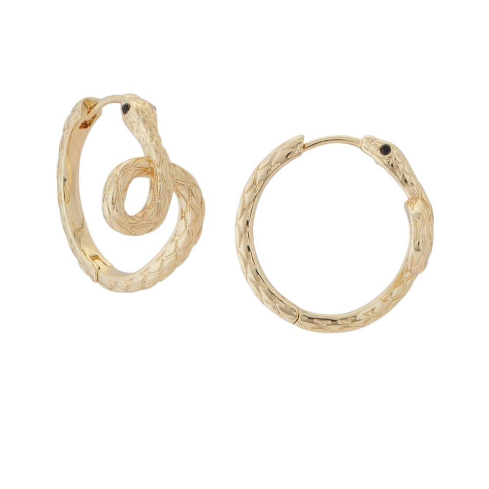 Lucky Brand Snake Hoop Earrings Gold Jet Stone Textured Sculptural Edgy NWT